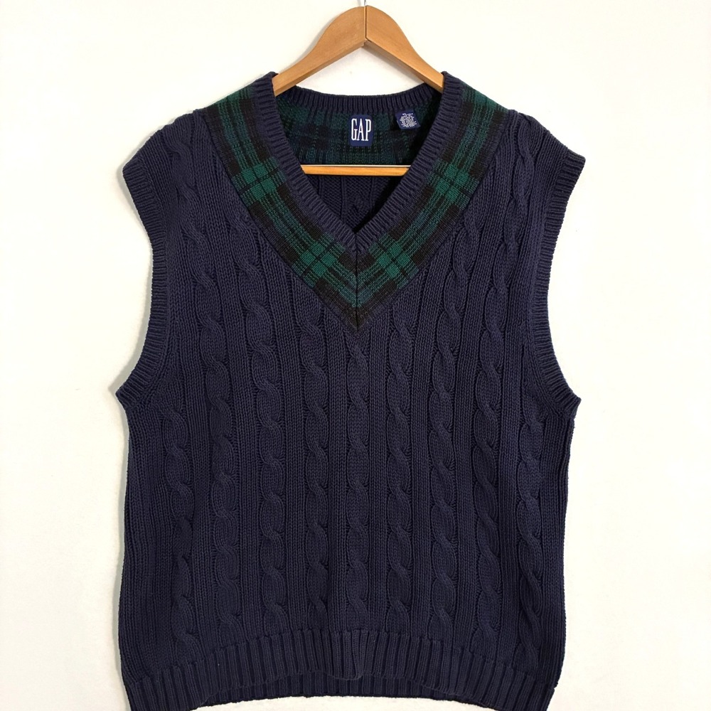 Vtg Y2K Gap Sweater Vest Men's XL Navy Cable Knit Sleeveless V Neck Preppy Ivy